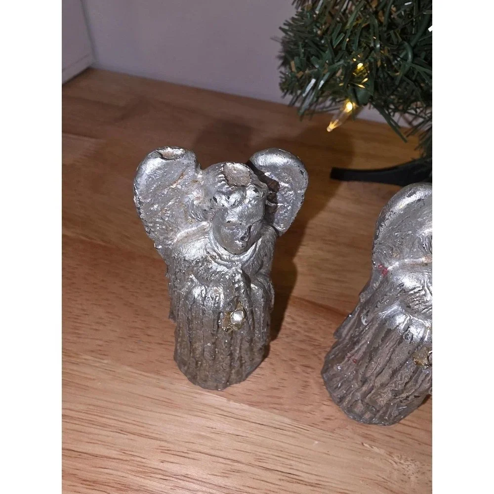 Set of 5 Silver Angel Christmas Figurines vintage wax